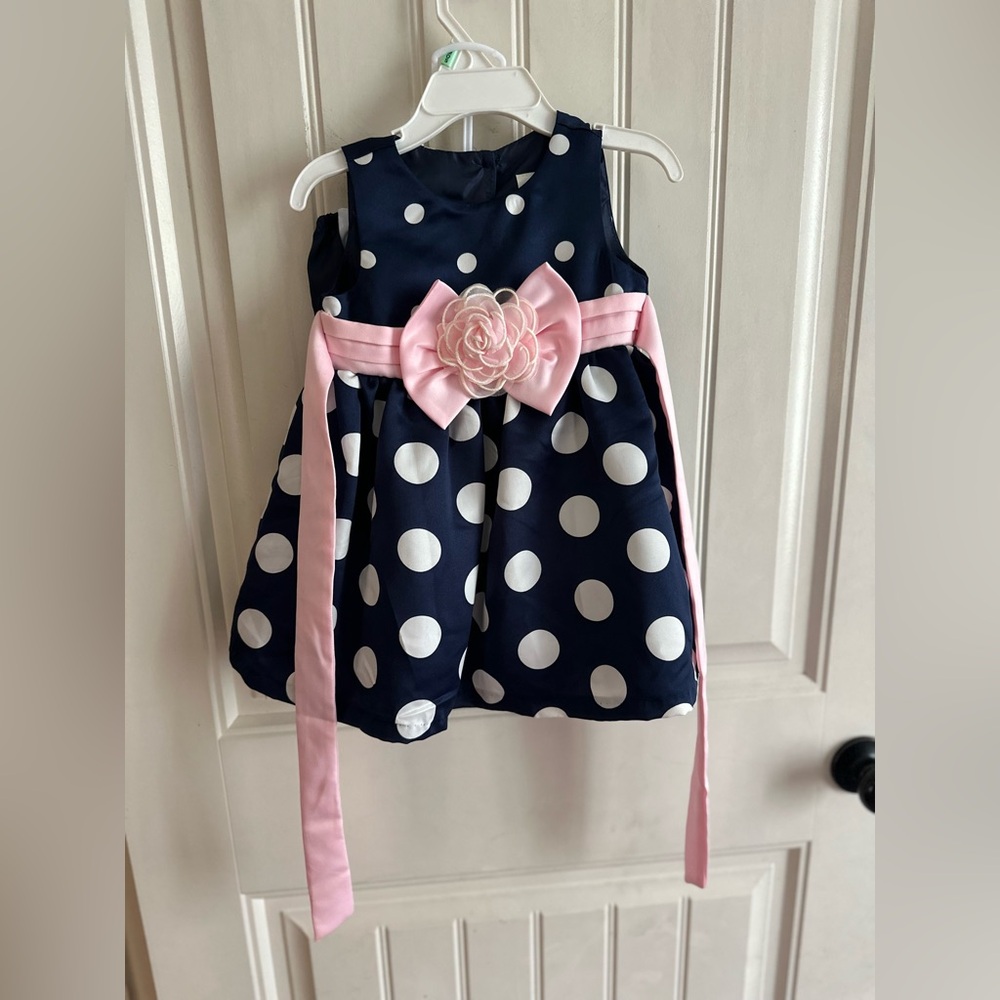 Rare Editions 18 months Navy Polka Dot Dress with Pink Floral Bow with bloomer